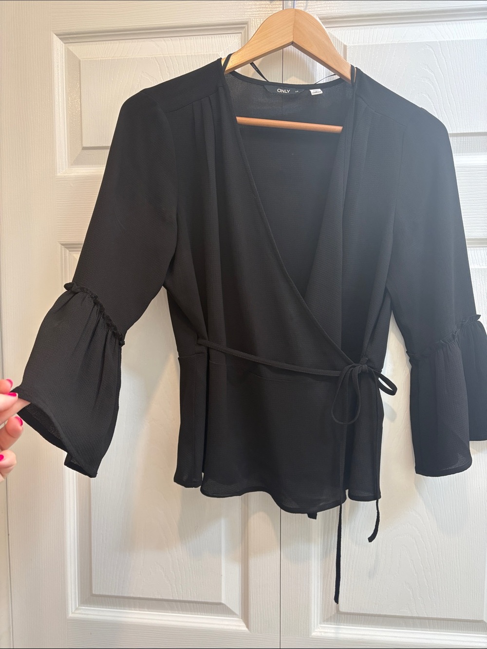 ONLY Black Flounce Wrap Top Bell 3/4 Sleeve Balletcore size 38/M
